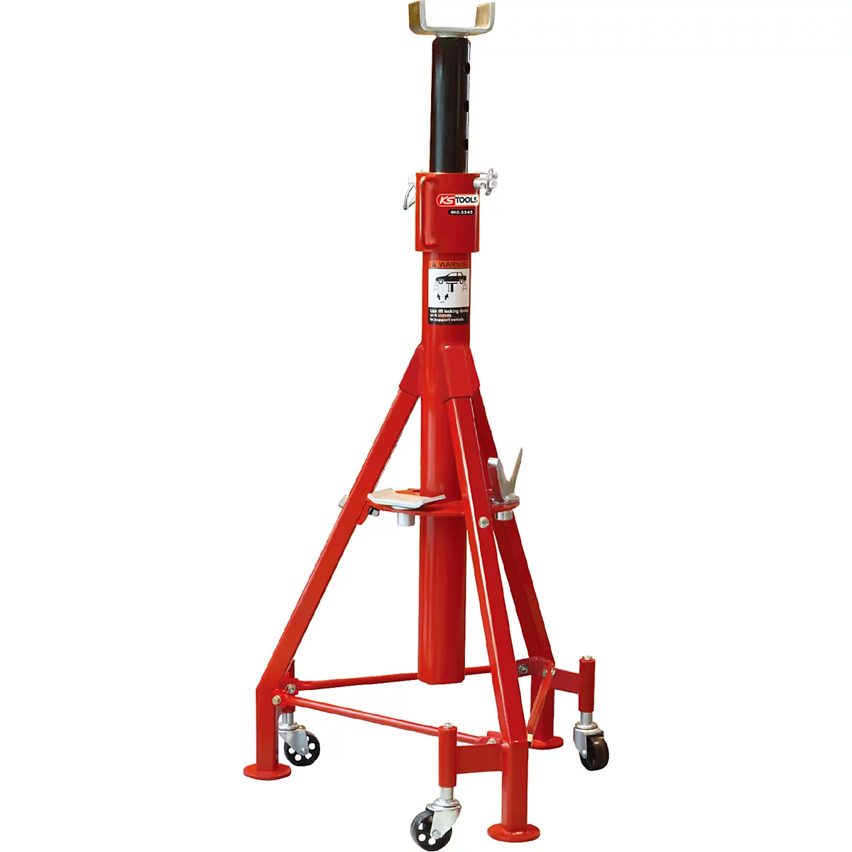 Roter Werkstatt-Stützbock mit Rollen, höhenverstellbar. Metall, U-förmige Halterung, schwarz lackiertes Standrohr.